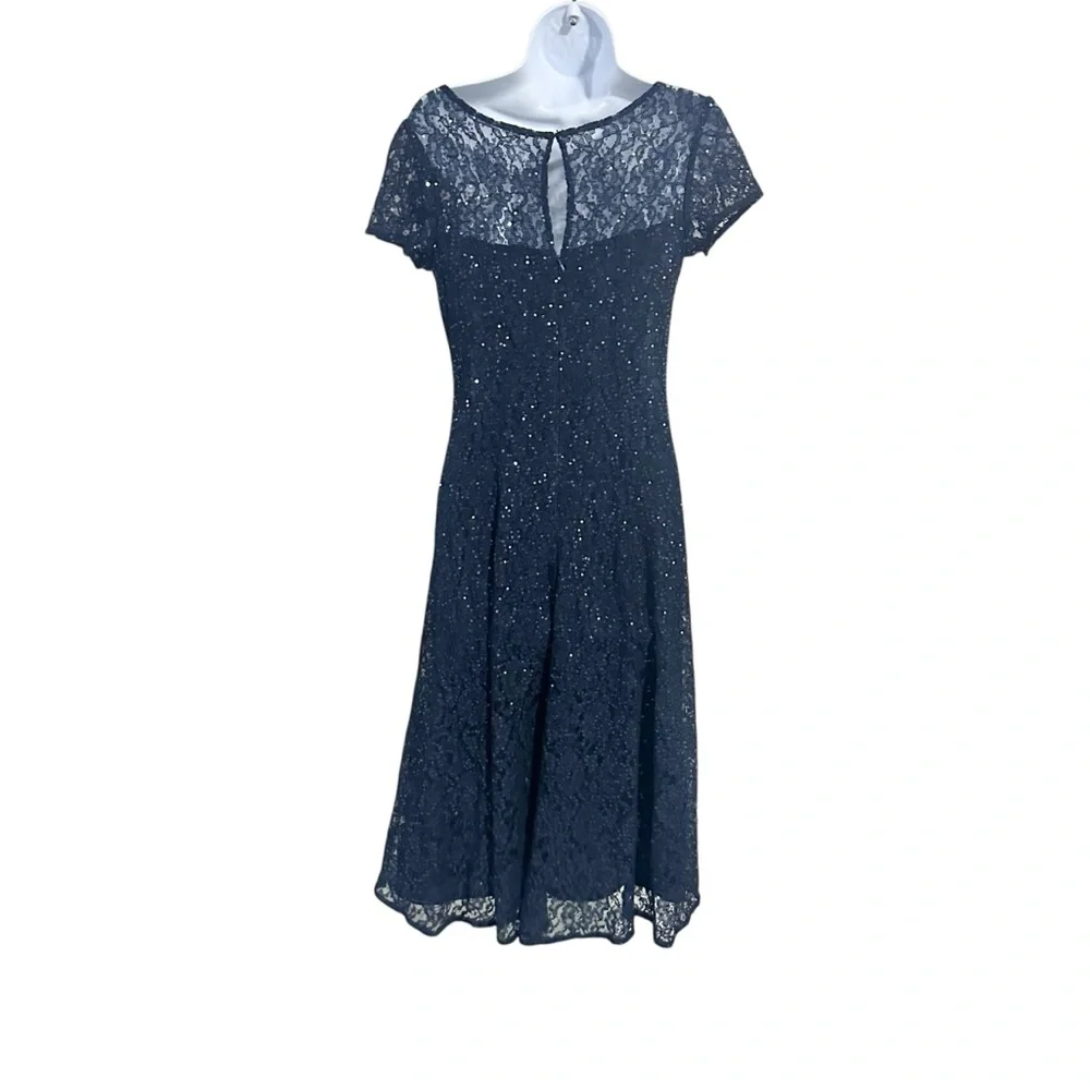 SLNY Navy Blue Sequin Lace Short Sleeve Midi Cocktail Evening Dress Size 2 NWOT - Picture 4 of 7